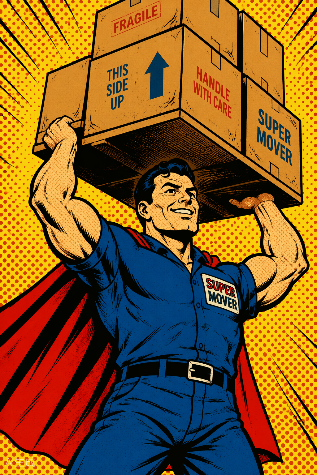 Superheld-Mover im Pop-Art-Stil hebt mühelos einen Stapel Umzugskartons