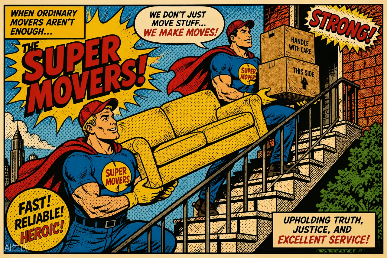Pop-Art-Illustration: Zwei Super-Mover tragen ein Sofa und Umzugskartons eine Treppe hinauf