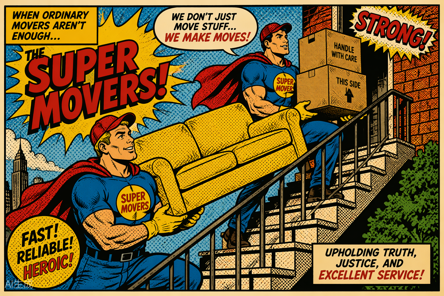 Pop-Art-Illustration: Zwei Super-Mover tragen ein Sofa und Umzugskartons eine Treppe hinauf