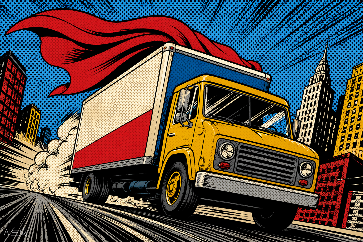 Pop-Art-Illustration: Umzugswagen mit rotem Superhelden-Cape rast durch die Stadt